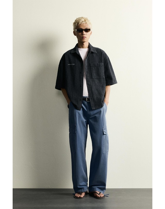자라 자라 텍스처 자수 박시핏 반팔 오버셔츠 5644/414/401 NAVY BLUE 네이비 착용컷