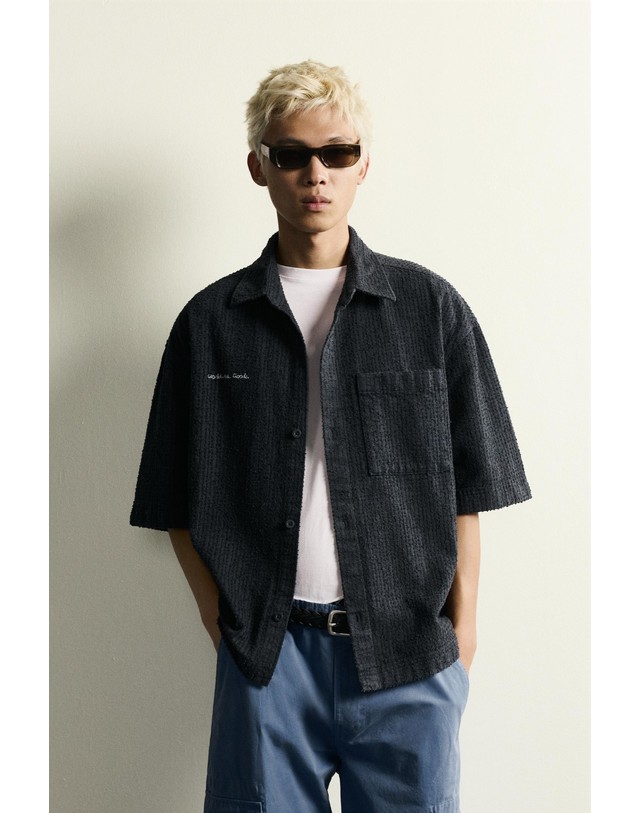 자라 자라 텍스처 자수 박시핏 반팔 오버셔츠 5644/414/401 NAVY BLUE 네이비 착용컷
