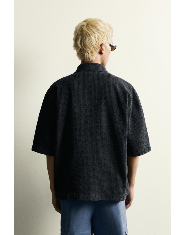 자라 자라 텍스처 자수 박시핏 반팔 오버셔츠 5644/414/401 NAVY BLUE 네이비 착용컷