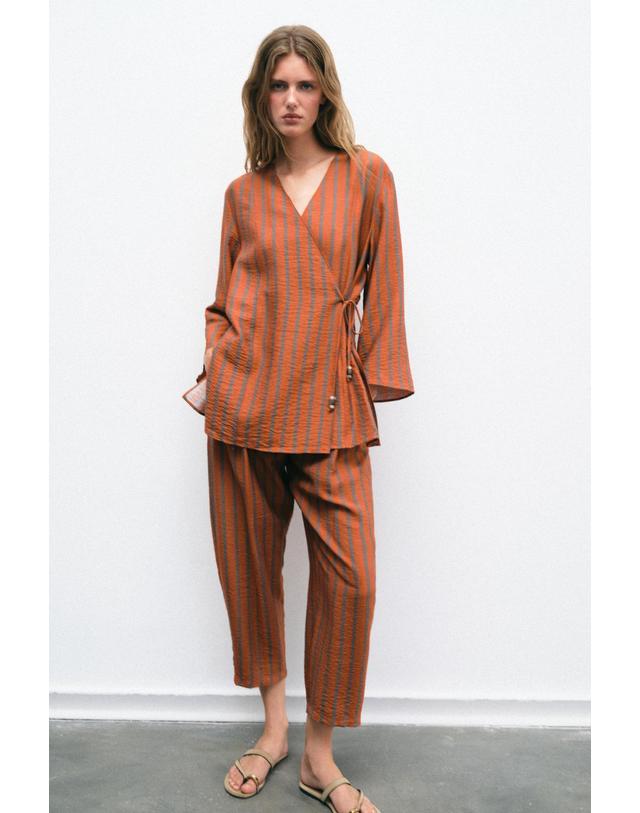자라 자라 스트라이프 랩 타이 자켓 7820/136/614 BURNT ORANGE 오렌지 착용컷