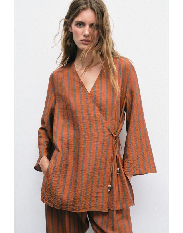 자라 자라 스트라이프 랩 타이 자켓 7820/136/614 BURNT ORANGE 오렌지 착용컷