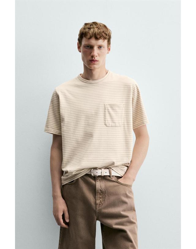 자라 자라 스트라이프 자카드 포켓 반팔 티셔츠 4231/340/837 GREY / NATURAL 베이지 착용컷