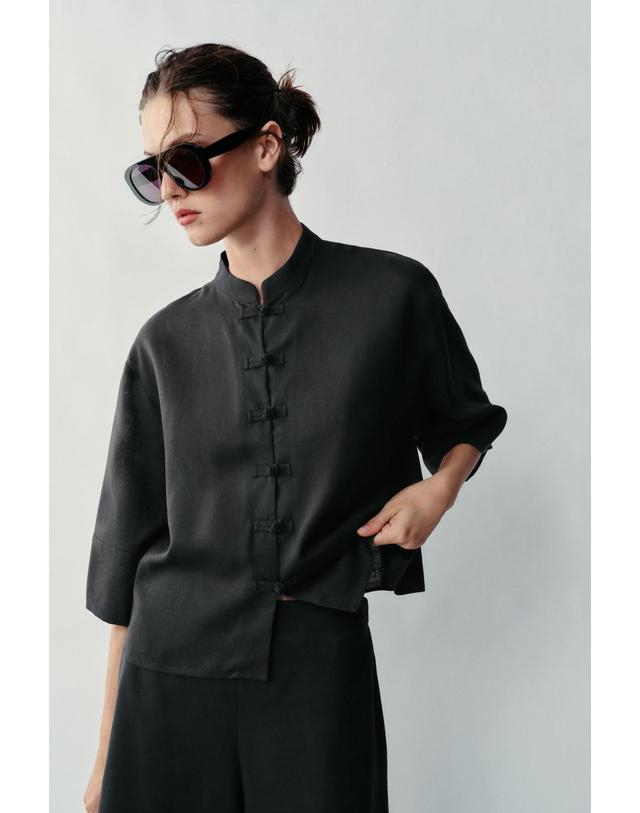 자라 자라 린넨 혼방 7부 소매 셔츠 3666/153/055 GREY / BLUE 블랙 착용컷