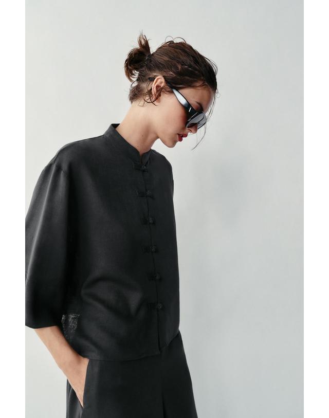 자라 자라 린넨 혼방 7부 소매 셔츠 3666/153/055 GREY / BLUE 블랙 착용컷