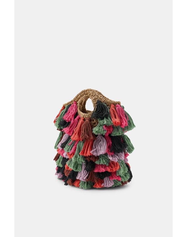 자라 자라 멀티컬러 폼폼 라피아 핸들 백 3154/200/330 MULTICOLOURED 착용컷