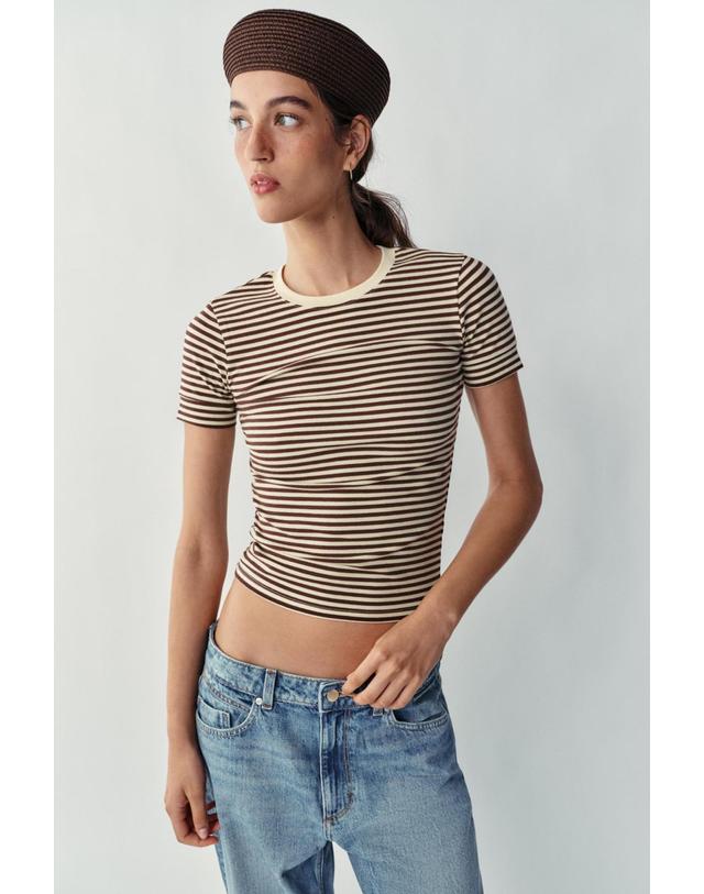 자라 자라 스트라이프 미니멀 반팔 티셔츠 2335/637/178 BROWN STRIPES 멀티컬러 착용컷