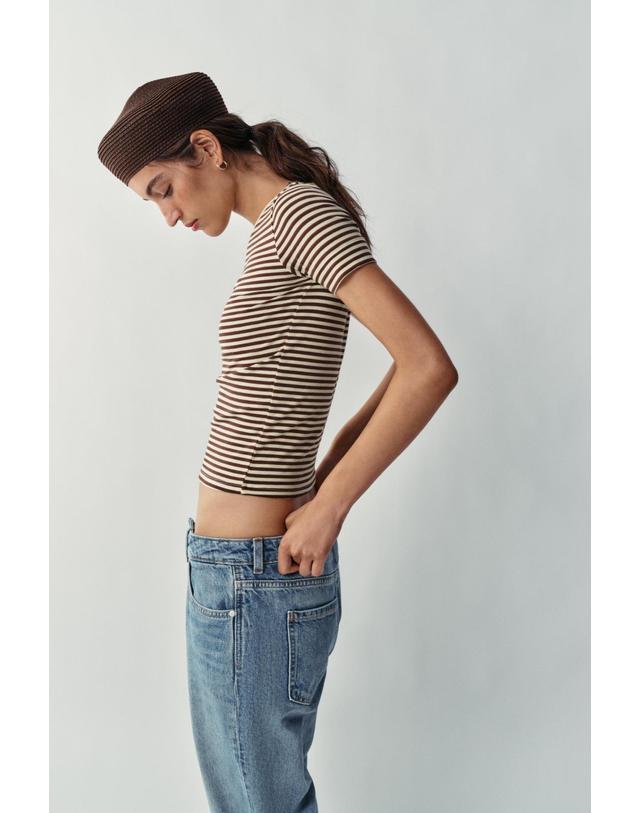 자라 자라 스트라이프 미니멀 반팔 티셔츠 2335/637/178 BROWN STRIPES 멀티컬러 착용컷