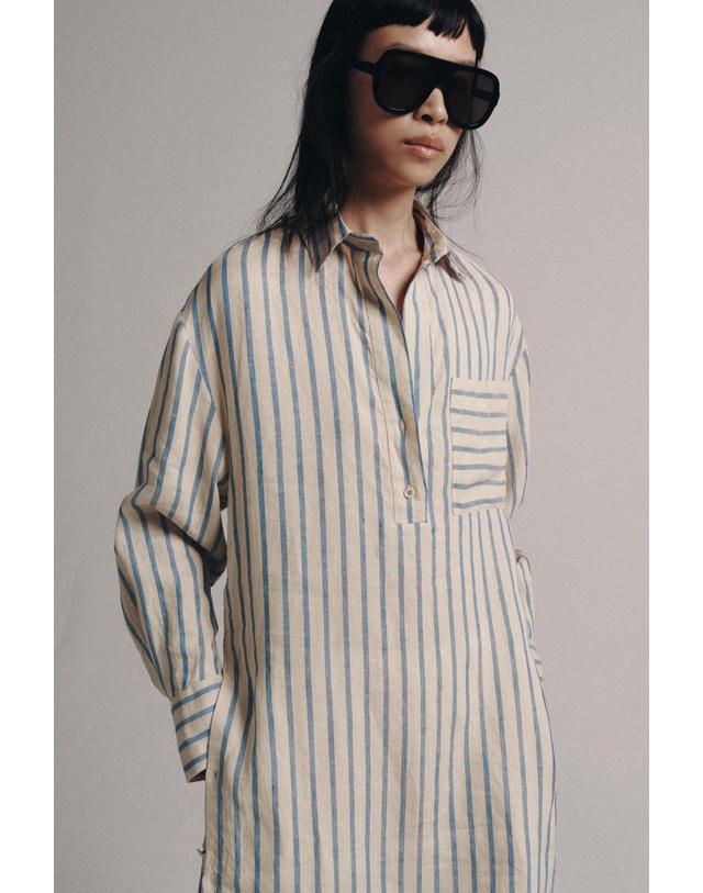 자라 자라 린넨 스트라이프 미디 셔츠 원피스 2252/209/400 BLUE 블루 착용컷