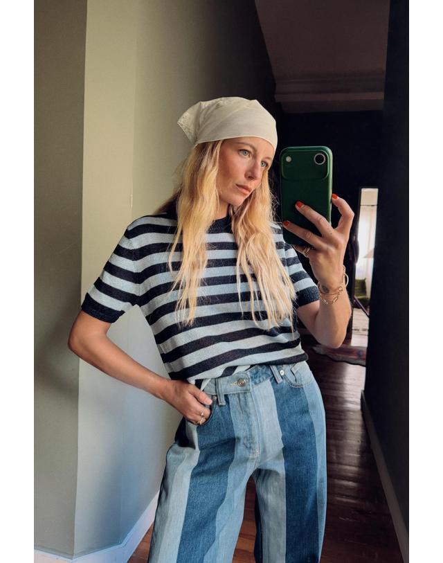 자라 자라 스트라이프 크루넥 반팔 니트 탑 2756/031/073 BLUE / NAVY 멀티컬러 착용컷