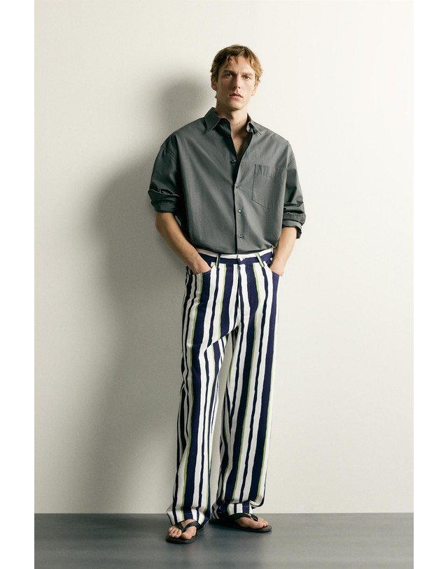 자라 자라 스트라이프 스트레이트 코튼 팬츠 2007/172/401 NAVY BLUE 멀티컬러 착용컷