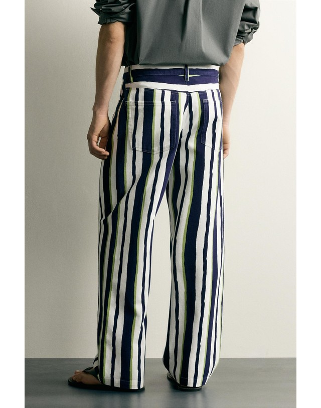 자라 자라 스트라이프 스트레이트 코튼 팬츠 2007/172/401 NAVY BLUE 멀티컬러 착용컷