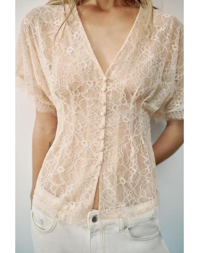 자라 자라 레이스 브이넥 반팔 버튼업 탑 4770/702/621 PASTEL PINK 핑크 착용컷