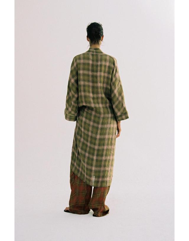자라 자라 체크 린넨 브이넥 미디 원피스 2251/010/500 GREEN 카키 착용컷