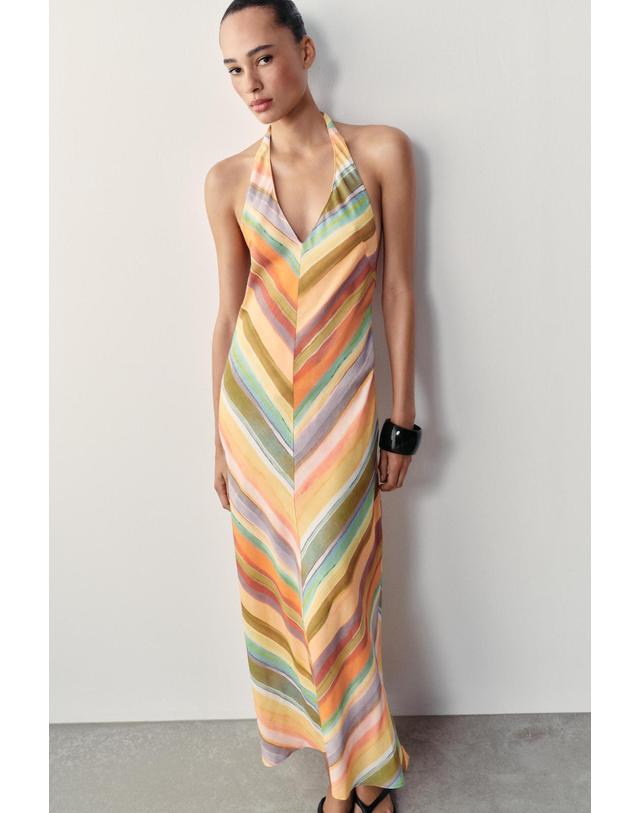 자라 자라 스트라이프 홀터넥 브이넥 롱 원피스 7937/139/330 MULTICOLOURED 멀티컬러 착용컷