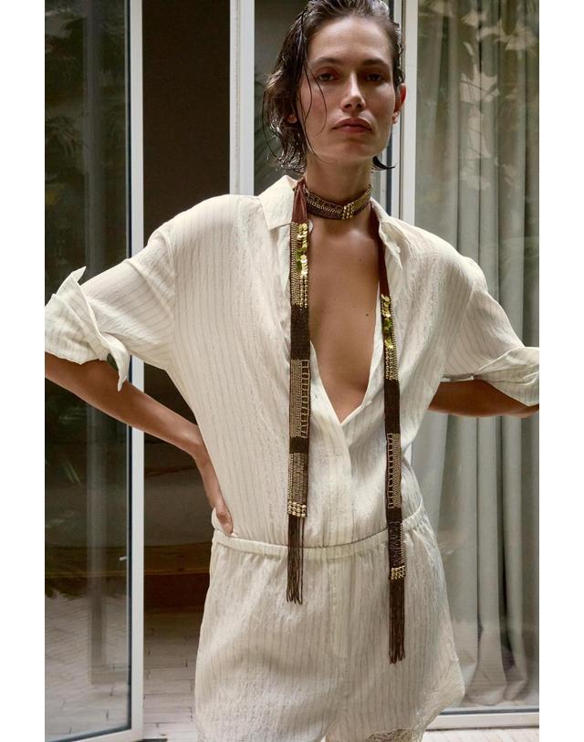 자라 자라 스트라이프 레이스 셔츠 점프수트 9052/807/105 STRIPES 아이보리 착용컷
