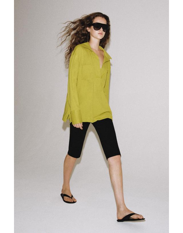 자라 자라 오버사이즈 포켓 긴팔 폴로 티셔츠 0264/701/513 APPLE GREEN 연두 착용컷