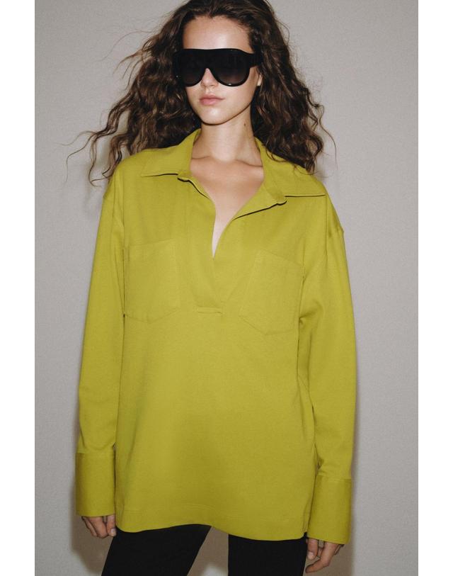 자라 자라 오버사이즈 포켓 긴팔 폴로 티셔츠 0264/701/513 APPLE GREEN 연두 착용컷