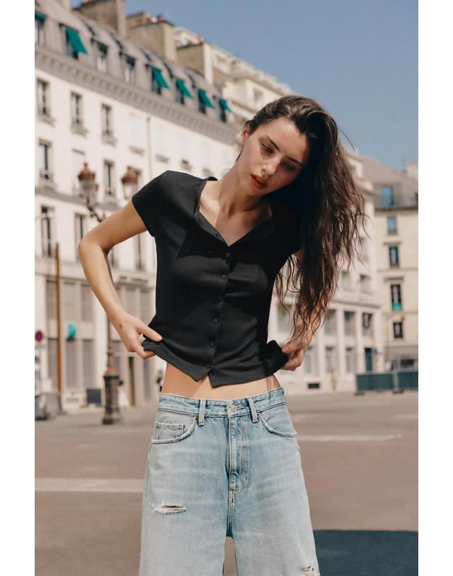 자라 자라 골지 버튼 라운드넥 반팔 티셔츠 3253/802/800 BLACK 블랙 착용컷