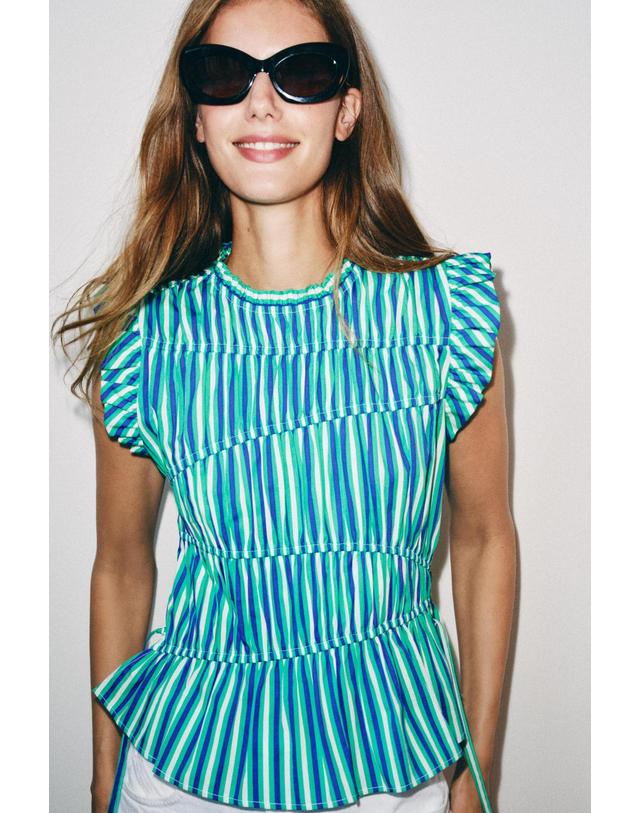 자라 자라 스트라이프 러플 민소매 탑 2587/152/104 STRIPED 밝은연두 착용컷