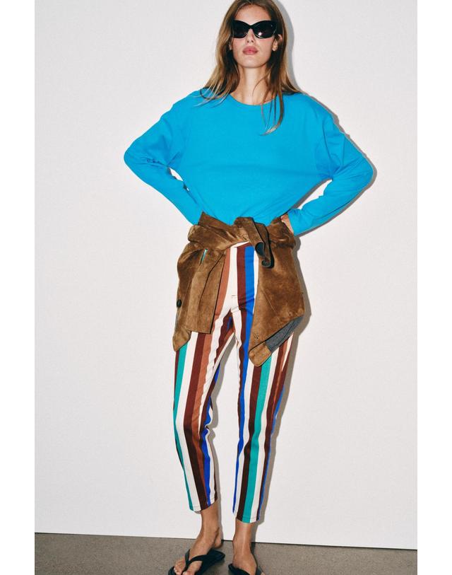 자라 자라 스트라이프 맘핏 하이라이즈 팬츠 3564/160/330 MULTICOLOURED 멀티컬러 착용컷
