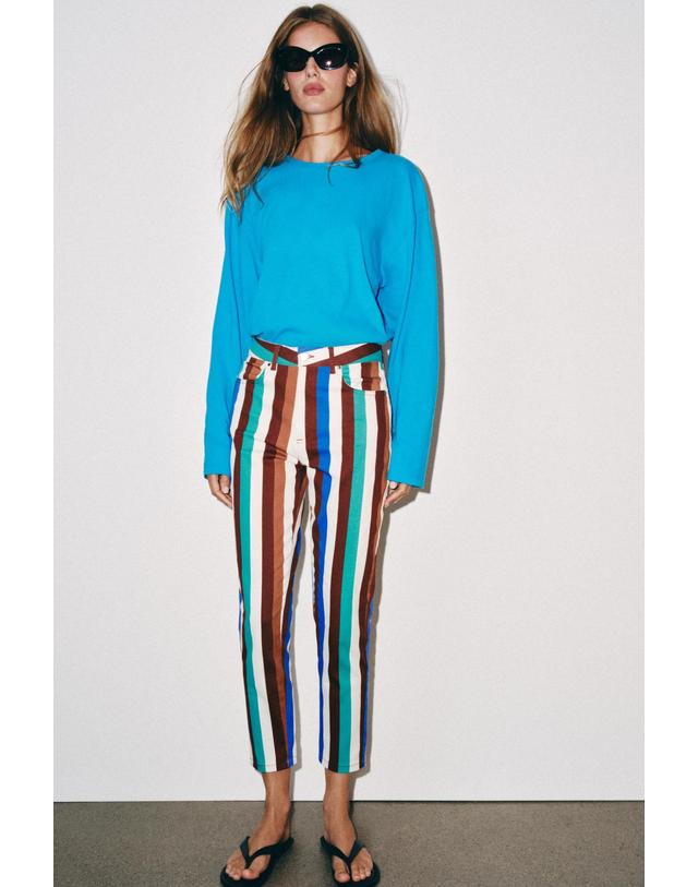 자라 자라 스트라이프 맘핏 하이라이즈 팬츠 3564/160/330 MULTICOLOURED 멀티컬러 착용컷