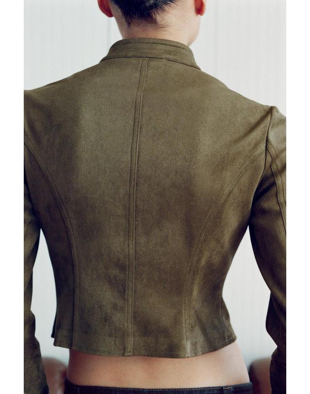 자라 자라 페이크 스웨이드 하이넥 크롭 자켓 4344/800/533 MID KHAKI 카키 착용컷