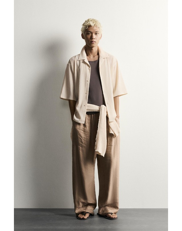 자라 자라 릴렉스핏 텍스처 볼링카라 반팔 셔츠 7380/360/720 BEIGE MARL 베이지 착용컷