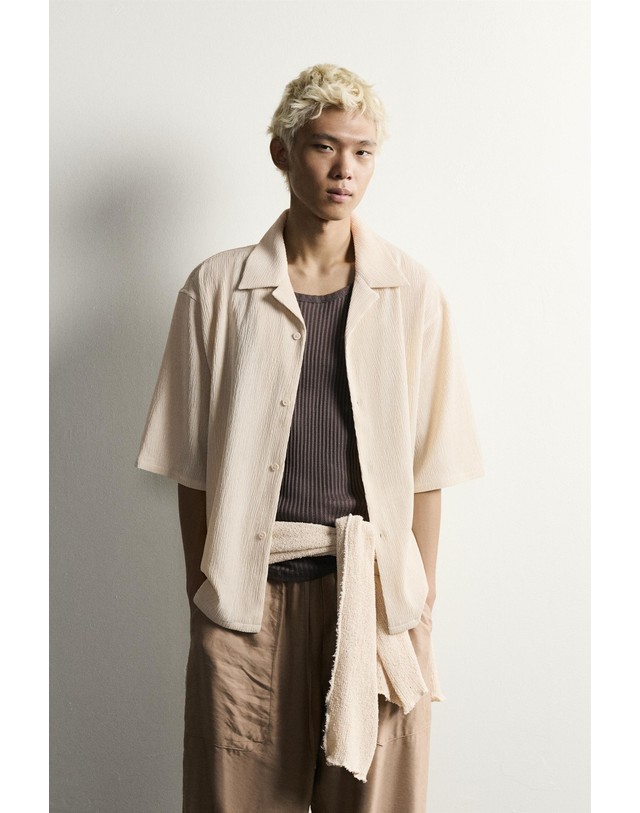 자라 자라 릴렉스핏 텍스처 볼링카라 반팔 셔츠 7380/360/720 BEIGE MARL 베이지 착용컷