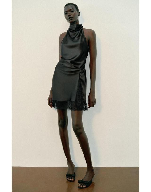 자라 자라 레이스 헴 홀터넥 새틴 미니 원피스 7512/748/800 BLACK 블랙 착용컷