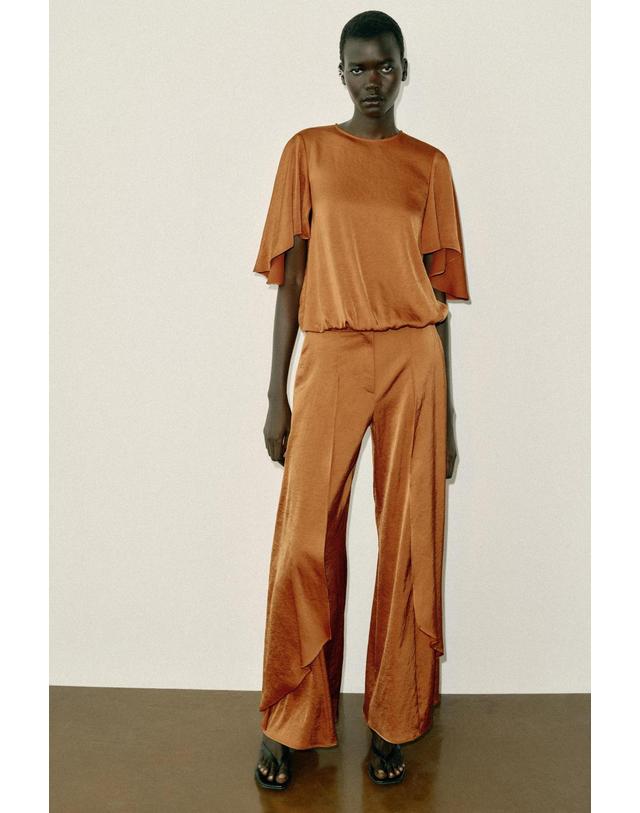 자라 자라 크롭 라운드넥 러플 소매 블라우스 7048/313/634 BURNT ORANGE 오렌지 착용컷