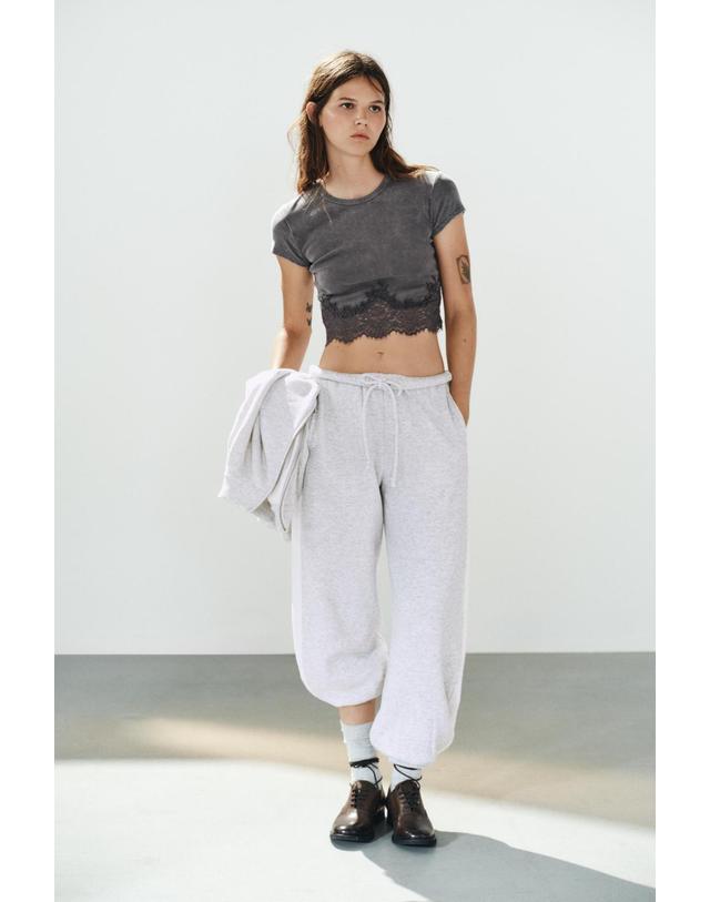 자라 자라 크롭 레이스 라운드넥 반팔 티셔츠 5063/821/802 GREY 그레이 착용컷
