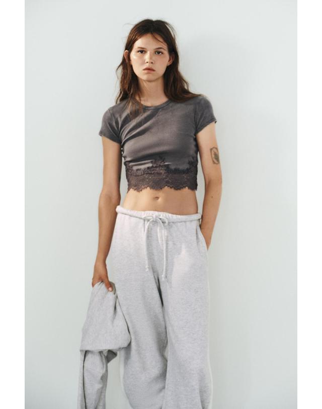 자라 자라 크롭 레이스 라운드넥 반팔 티셔츠 5063/821/802 GREY 그레이 착용컷