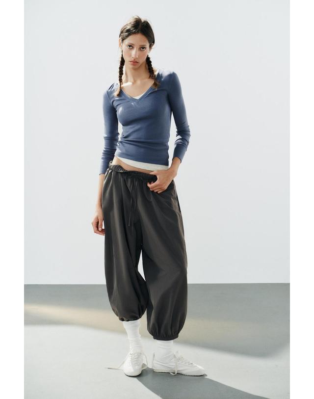 자라 자라 슬림핏 브이넥 골지 긴팔 티셔츠 3253/804/200 BLUE / INDIGO 블루 착용컷