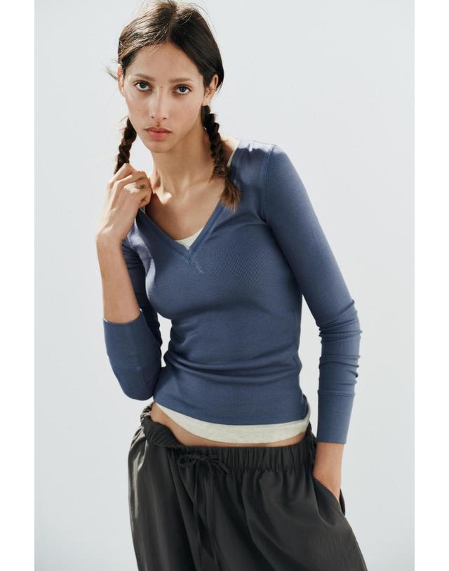 자라 자라 슬림핏 브이넥 골지 긴팔 티셔츠 3253/804/200 BLUE / INDIGO 블루 착용컷