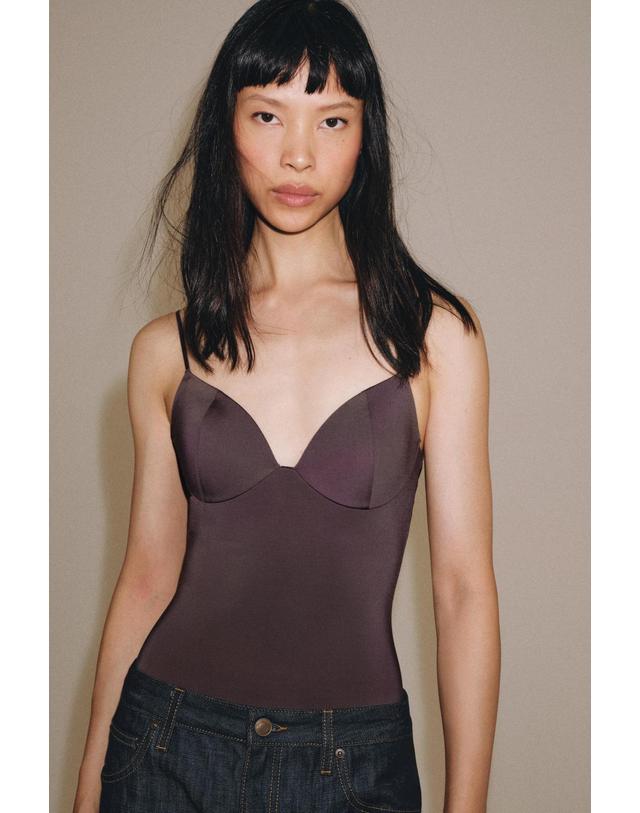 자라 자라 하트넥 파인 스트랩 바디수트 1058/461/610 AUBERGINE 퍼플 착용컷
