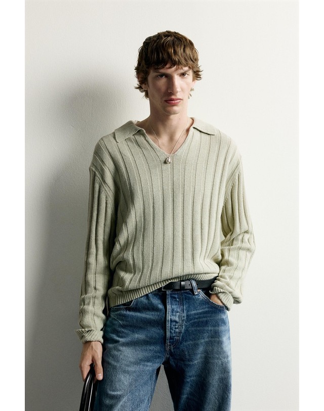 자라 자라 린넨 코튼 골지 니트 긴팔 폴로셔츠 2893/307/519 WASHED GREEN 그린 착용컷