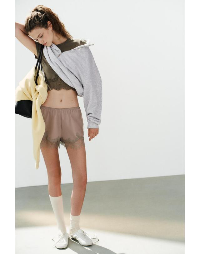 자라 자라 자수 레이스 헴 코튼 반바지 4813/823/737 BROWN / TAUPE 베이지 착용컷