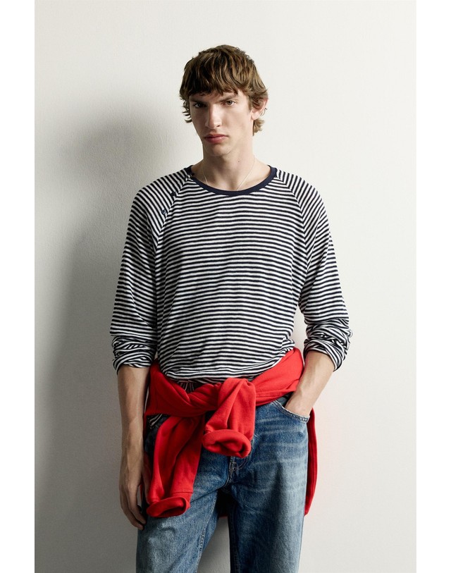 자라 자라 스트라이프 버튼 라운드넥 긴팔 티셔츠 4805/328/043 NAVY / WHITE 멀티컬러 착용컷