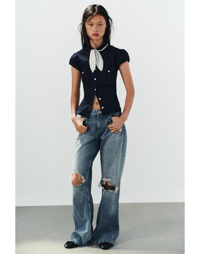 자라 자라 스카프 포켓 반팔 테일러드 셔츠 7842/256/401 NAVY BLUE 네이비 착용컷