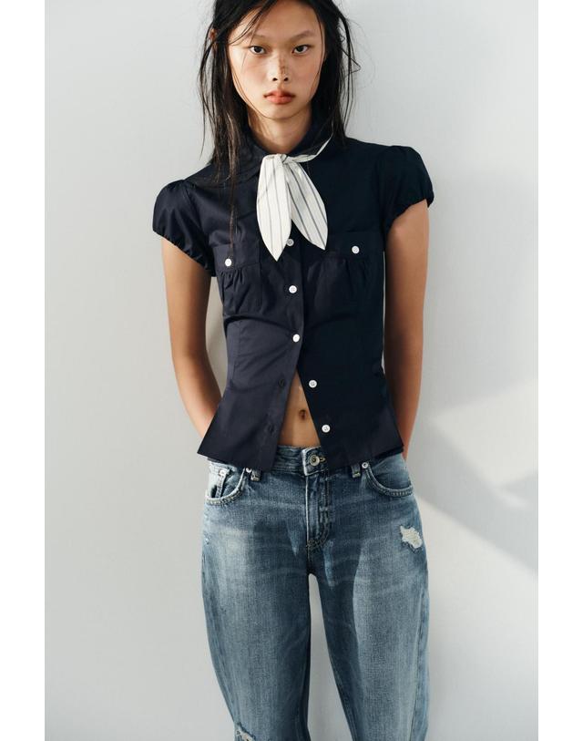 자라 자라 스카프 포켓 반팔 테일러드 셔츠 7842/256/401 NAVY BLUE 네이비 착용컷