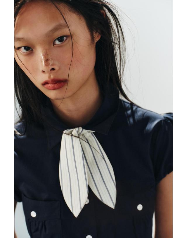 자라 자라 스카프 포켓 반팔 테일러드 셔츠 7842/256/401 NAVY BLUE 네이비 착용컷
