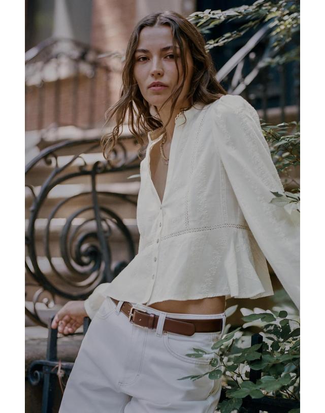 자라 자라 자수 트림 브이넥 로맨틱 블라우스 8741/242/712 ECRU 아이보리 착용컷