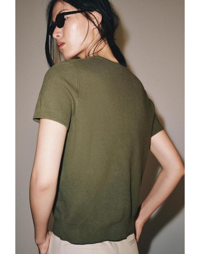 자라 자라 플레인 라운드넥 반팔 니트 탑 9598/150/505 KHAKI 카키 착용컷