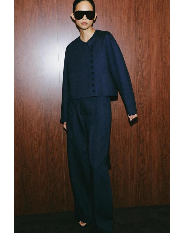 자라 자라 린넨 혼방 라운드넥 크롭 블레이저 3736/054/401 NAVY BLUE 네이비 착용컷