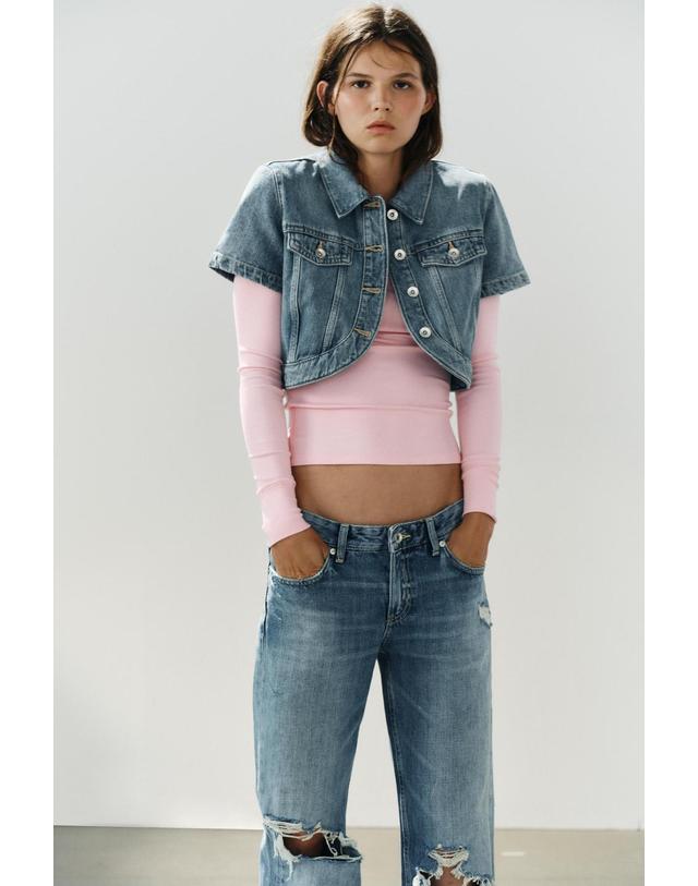 자라 자라 비대칭 헴 크롭 데님 반팔 셔츠 4592/260/400 BLUE 블루 착용컷