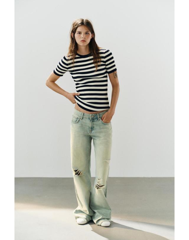자라 자라 스트라이프 골지 라운드넥 반팔 탑 2142/273/043 NAVY / WHITE 멀티컬러 착용컷