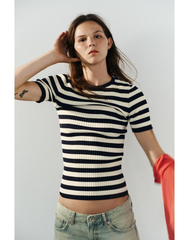 자라 자라 스트라이프 골지 라운드넥 반팔 탑 2142/273/043 NAVY / WHITE 멀티컬러 착용컷
