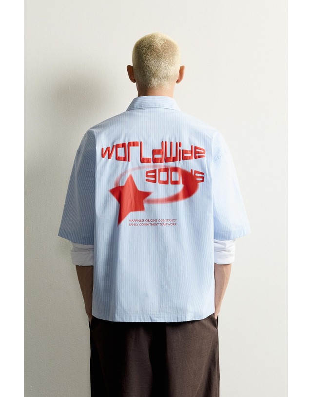 자라 자라 박시핏 그래픽 프린트 반팔 셔츠 1195/360/400 BLUE 블루 착용컷