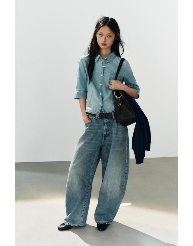 자라 자라 슬림핏 포켓 7부 소매 데님 셔츠 5252/261/406 LIGHT BLUE 블루 착용컷