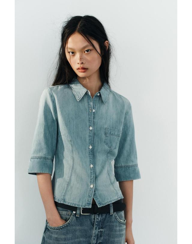 자라 자라 슬림핏 포켓 7부 소매 데님 셔츠 5252/261/406 LIGHT BLUE 블루 착용컷